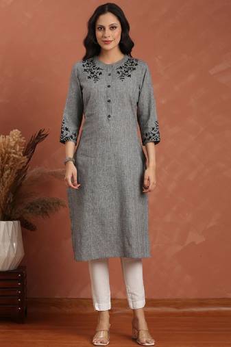 Women floral embroidered daily pure cotton a-line kurta