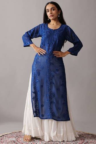 Women floral navy blue ethnic motifs embroidered chikankari regular straight kurta