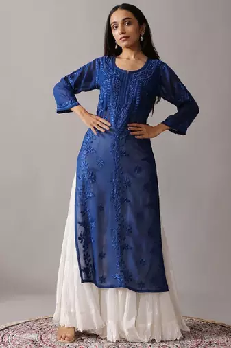 Women floral navy blue ethnic motifs embroidered chikankari regular straight kurta