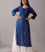 Women floral navy blue ethnic motifs embroidered chikankari regular straight kurta