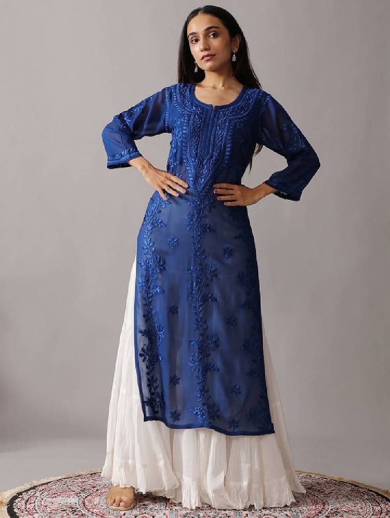 Women floral navy blue ethnic motifs embroidered chikankari regular straight kurta