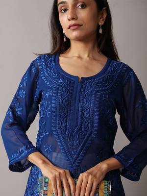 Women floral navy blue ethnic motifs embroidered chikankari regular straight kurta 2