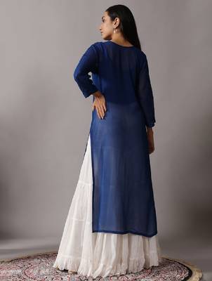 Women floral navy blue ethnic motifs embroidered chikankari regular straight kurta 3