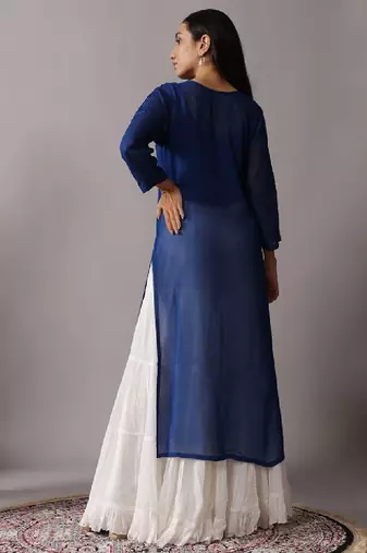 Women floral navy blue ethnic motifs embroidered chikankari regular straight kurta