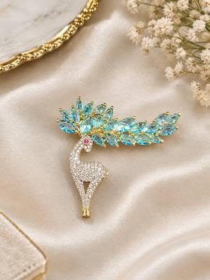Elegant swan bird brooch with blue crystal leaf design & rhinestone detailing 1