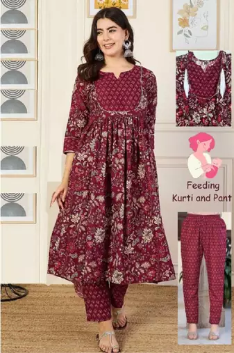 Women purple floral printed maternity anarkali kurta
