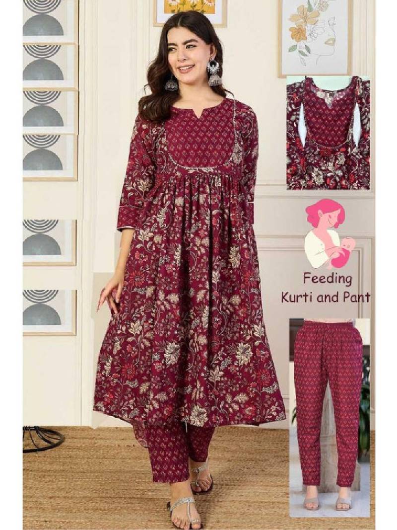 Women purple floral printed maternity anarkali kurta