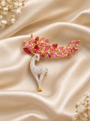 Elegant swan bird brooch with pink crystal leaf design & rhinestone detailing 1