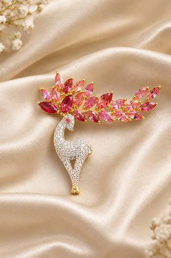 Elegant swan bird brooch with pink crystal leaf design & rhinestone detailing