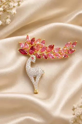 Elegant swan bird brooch with pink crystal leaf design & rhinestone detailing