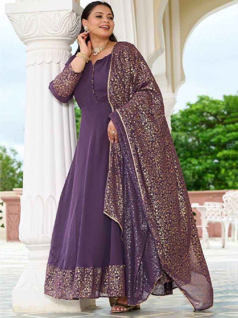 Plus size floral printed georgette kurta with gold foil dupatta