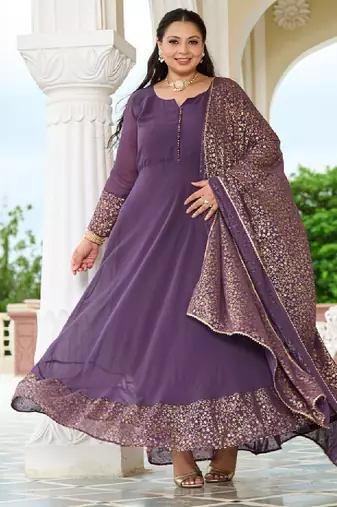Plus size floral printed georgette kurta with gold foil dupatta