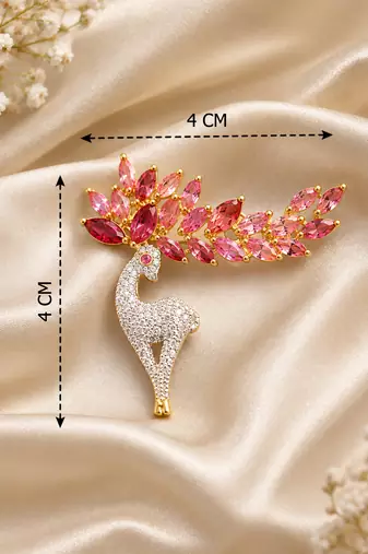 Elegant swan bird brooch with pink crystal leaf design & rhinestone detailing