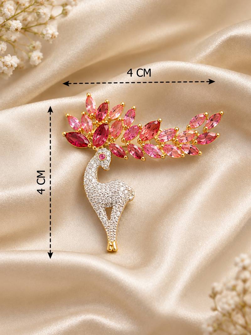 Elegant swan bird brooch with pink crystal leaf design & rhinestone detailing