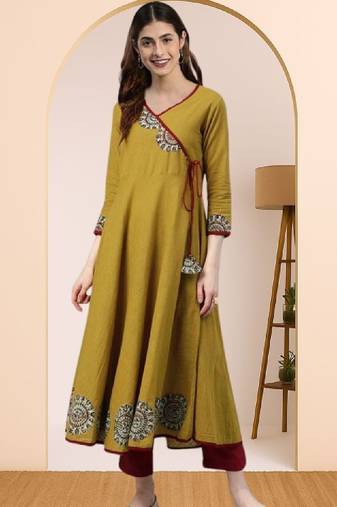Women mustard yellow floral printed angrakha anarkali kurta with tassel tie-up