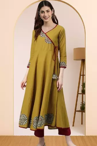 Women mustard yellow floral printed angrakha anarkali kurta with tassel tie-up