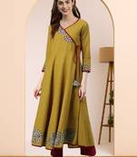 Women mustard yellow floral printed angrakha anarkali kurta with tassel tie-up