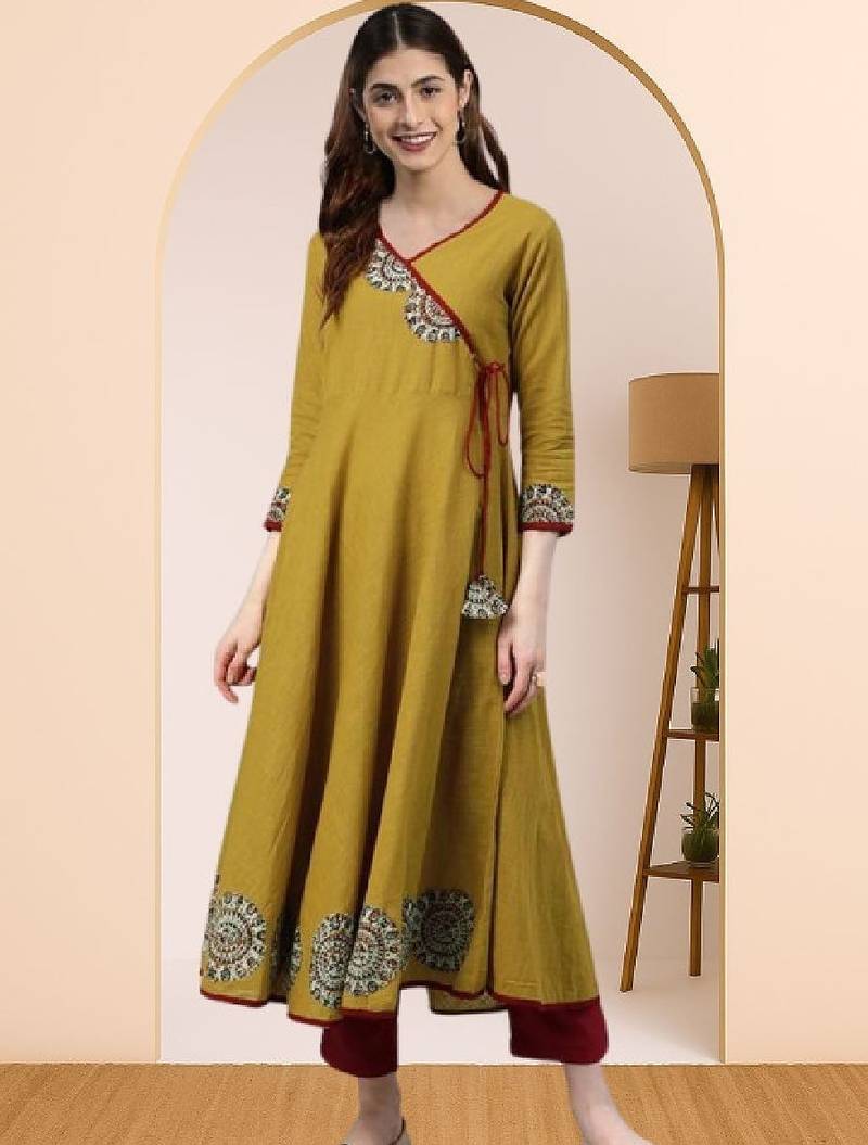 Women mustard yellow floral printed angrakha anarkali kurta with tassel tie-up