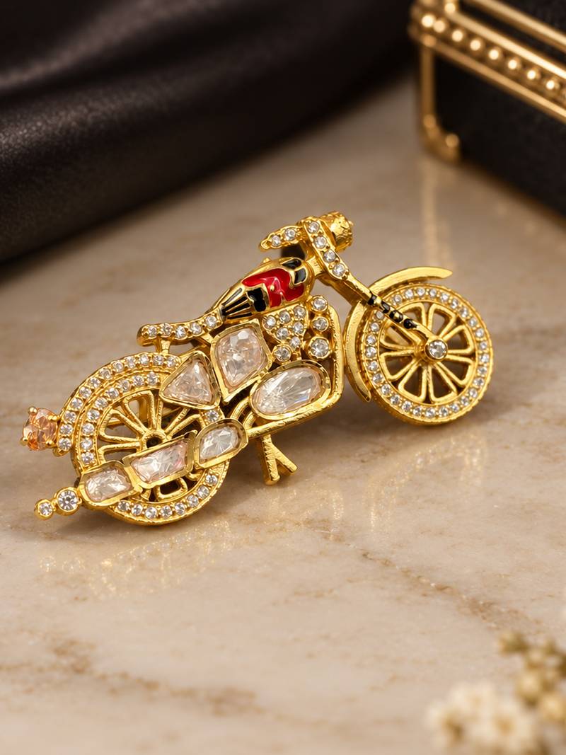 Elegant bicycle brooch with crystal embellishments & red enamel detailing