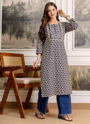 Women floral printed screen print daily pure cotton straight kurta 2