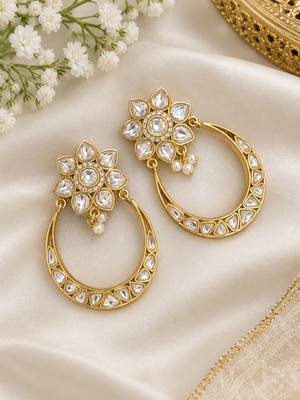 Gold plated floral kundan style hoop earrings with clear stones & pearl drops 1
