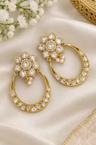 Gold plated floral kundan style hoop earrings with clear stones & pearl drops