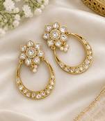 Gold plated floral kundan style hoop earrings with clear stones & pearl drops