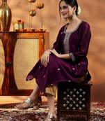 Women burgundy embroidered silk straight kurta