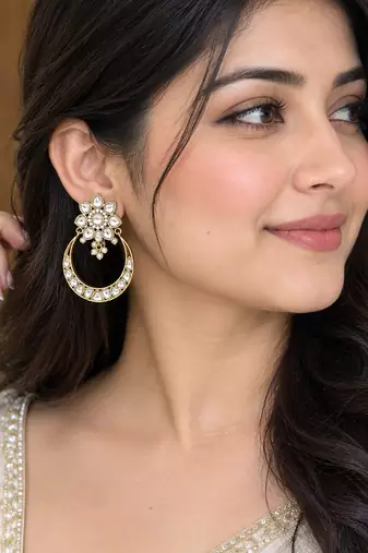 Gold plated floral kundan style hoop earrings with clear stones & pearl drops