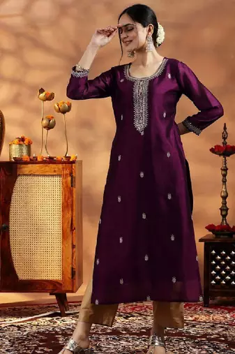 Women burgundy embroidered silk straight kurta