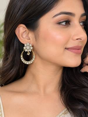 Gold plated floral kundan style hoop earrings with clear stones & pearl drops 3
