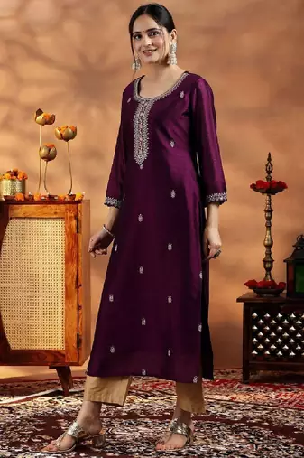 Women burgundy embroidered silk straight kurta