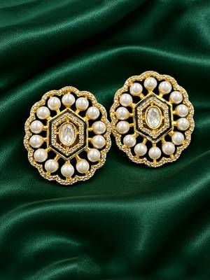 Gold plated pearl stud earrings with kundan style center stone & crystal border 1
