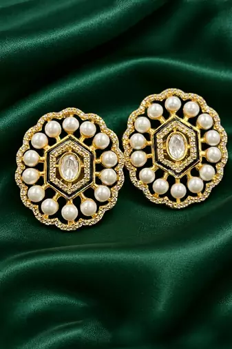 Gold plated pearl stud earrings with kundan style center stone & crystal border