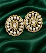 Gold plated pearl stud earrings with kundan style center stone & crystal border