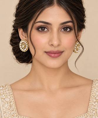Gold plated pearl stud earrings with kundan style center stone & crystal border 2
