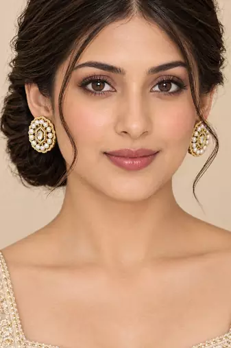 Gold plated pearl stud earrings with kundan style center stone & crystal border