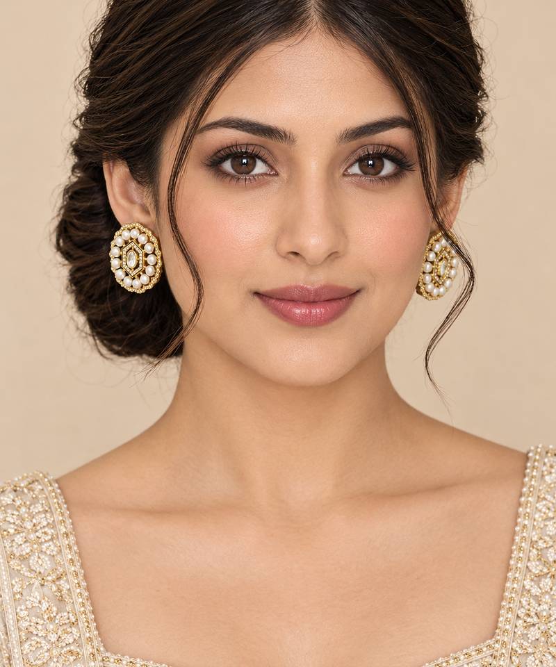 Gold plated pearl stud earrings with kundan style center stone & crystal border