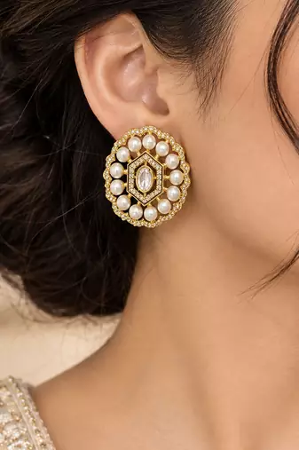 Gold plated pearl stud earrings with kundan style center stone & crystal border