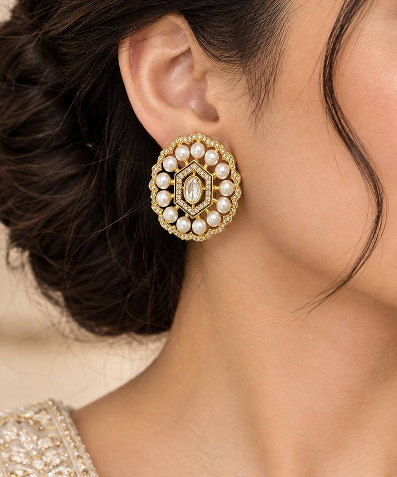 Gold plated pearl stud earrings with kundan style center stone & crystal border