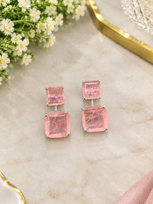 Pink crystal drop stud earrings with square cut stones     elegant party wear jewellery 1