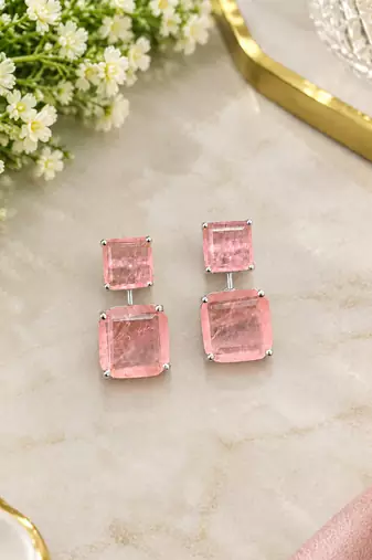 Pink crystal drop stud earrings with square cut stones     elegant party wear jewellery
