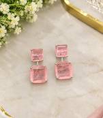Pink crystal drop stud earrings with square cut stones     elegant party wear jewellery