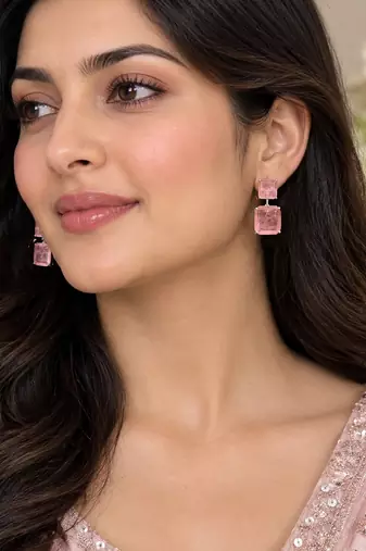 Pink crystal drop stud earrings with square cut stones     elegant party wear jewellery