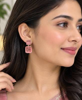 Pink crystal drop stud earrings with square cut stones     elegant party wear jewellery 3