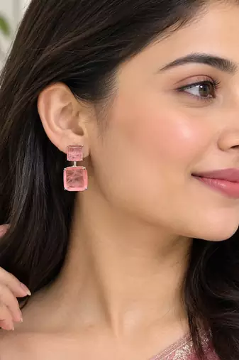 Pink crystal drop stud earrings with square cut stones     elegant party wear jewellery