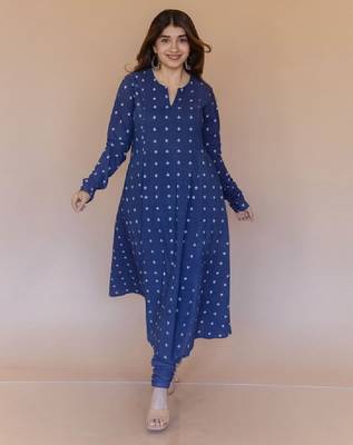 The indian ethnic co. blue women geometric printed long sleeves cotton a-line kurta 1