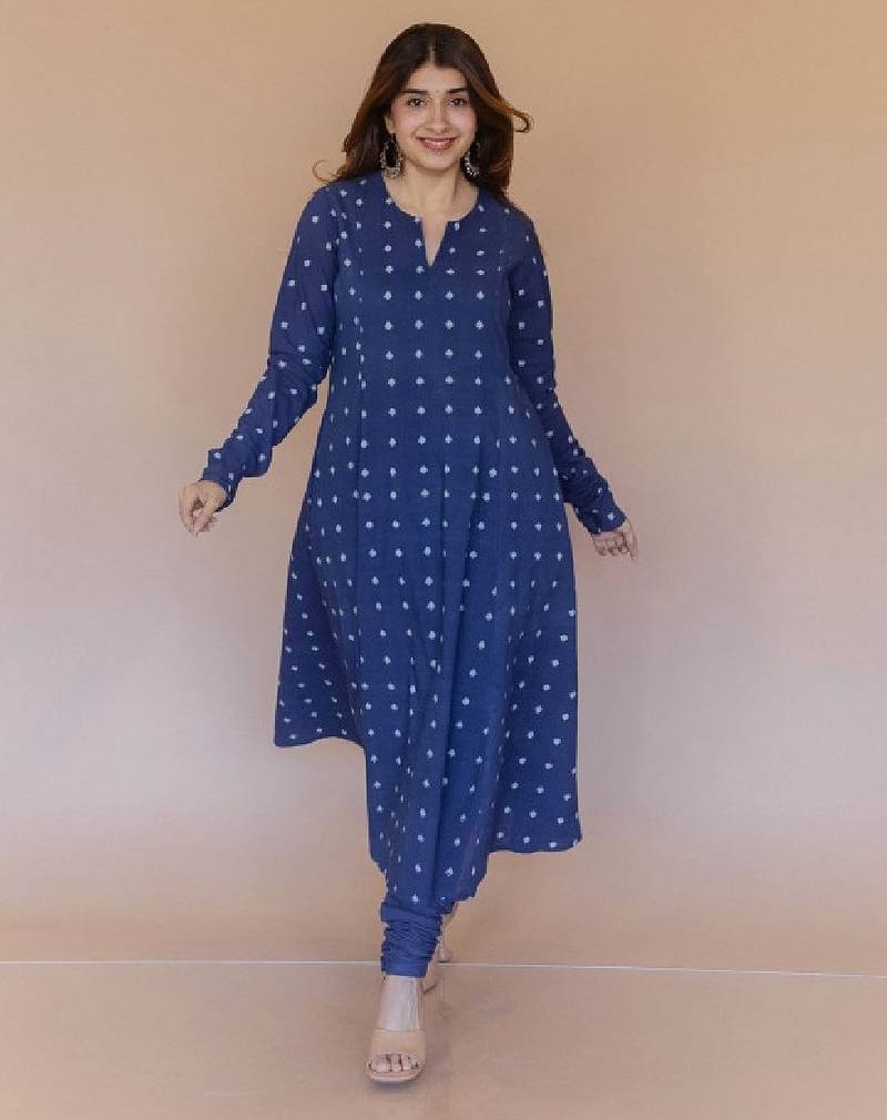 The indian ethnic co. blue women geometric printed long sleeves cotton a-line kurta
