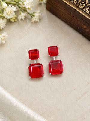 Elegant red square stone drop earrings with silver-tone setting     statement party wear earrings 1