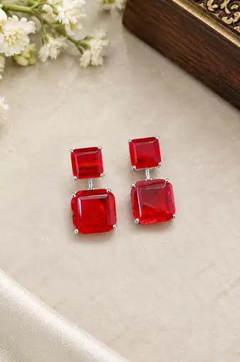 Elegant red square stone drop earrings with silver-tone setting     statement party wear earrings